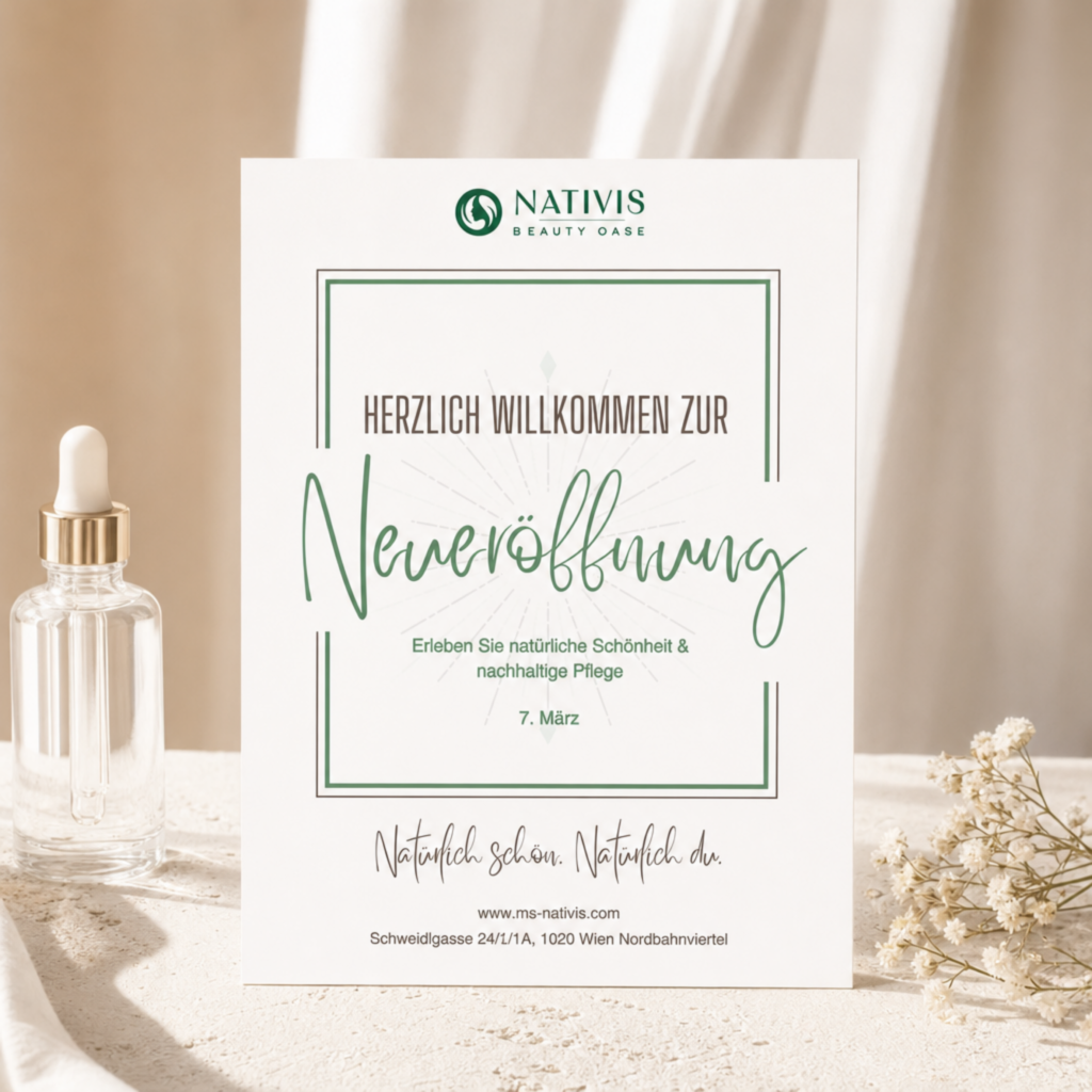 Nativis Neueröffnung flyer standing upright beside a serum bottle on cream fabric