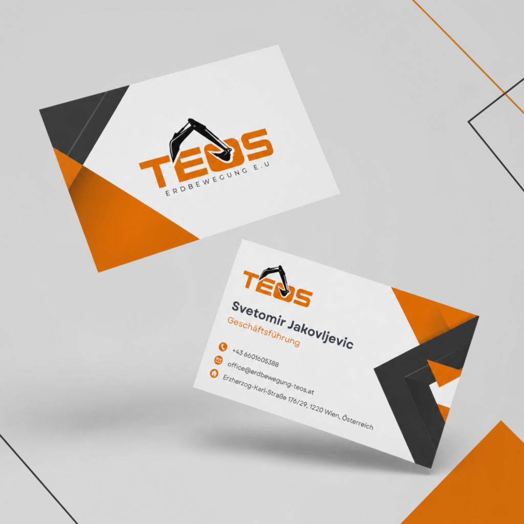 TEOS business cards with orange and charcoal angled shapes, front and back