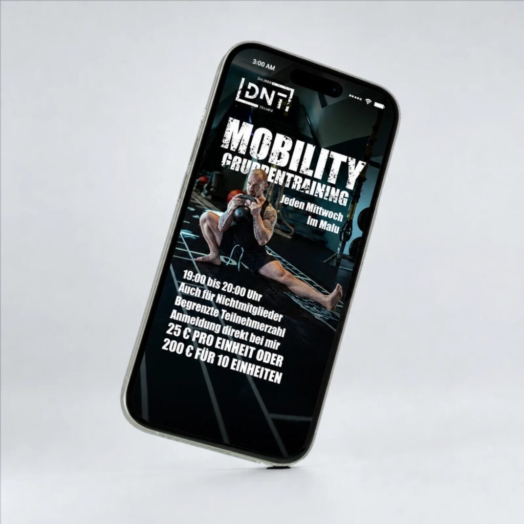 Smartphone showing the DNT Mobility Gruppentraining Instagram story